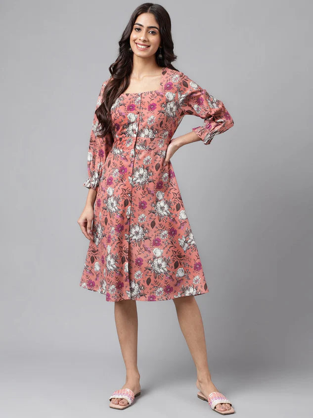 Peach Moss Floral Printed A Line Dress