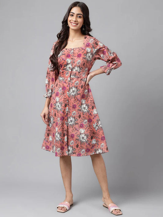 Peach Moss Floral Printed A Line Dress