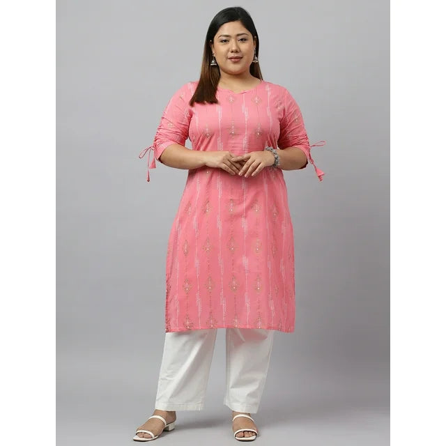 Pink Cotton Bandhani Printed Straight kurta