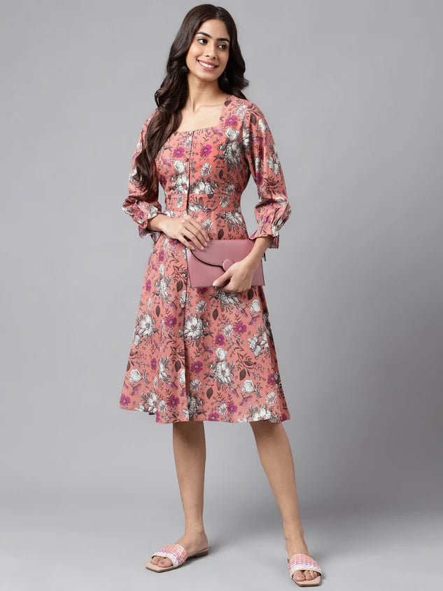 Peach Moss Floral Printed A Line Dress