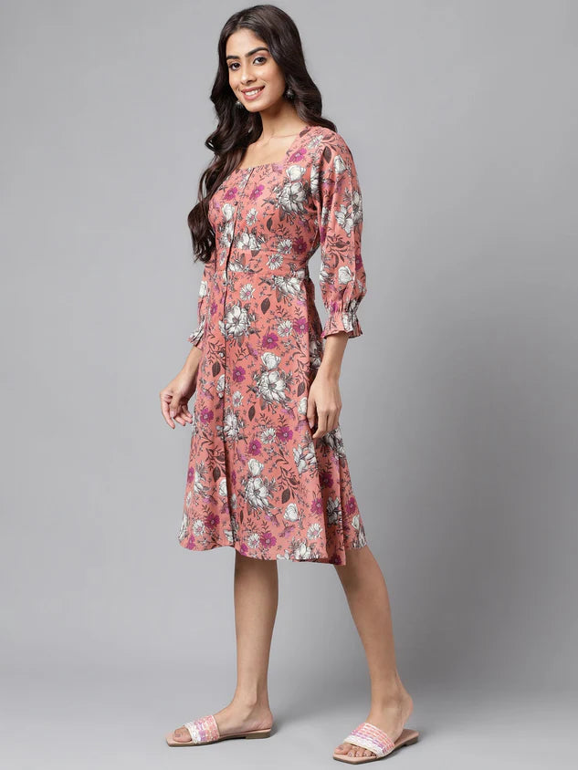 Peach Moss Floral Printed A Line Dress