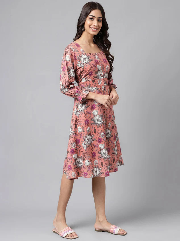 Peach Moss Floral Printed A Line Dress