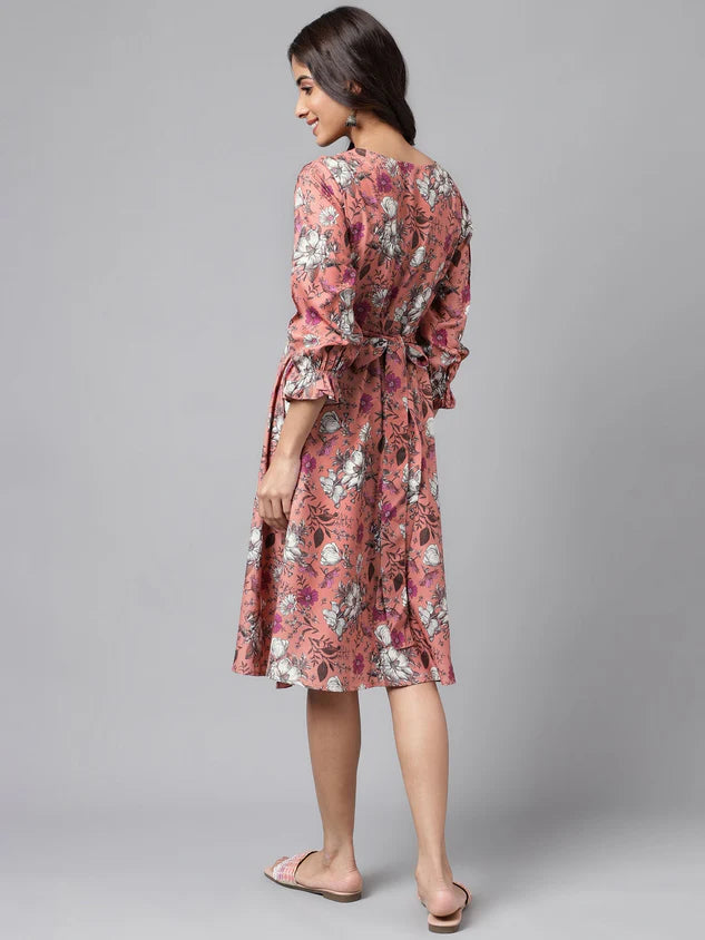 Peach Moss Floral Printed A Line Dress