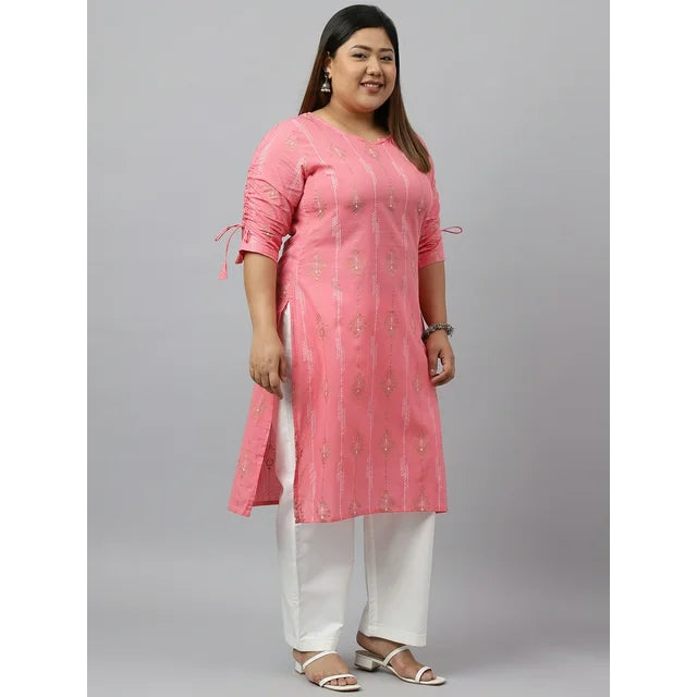 Pink Cotton Bandhani Printed Straight kurta